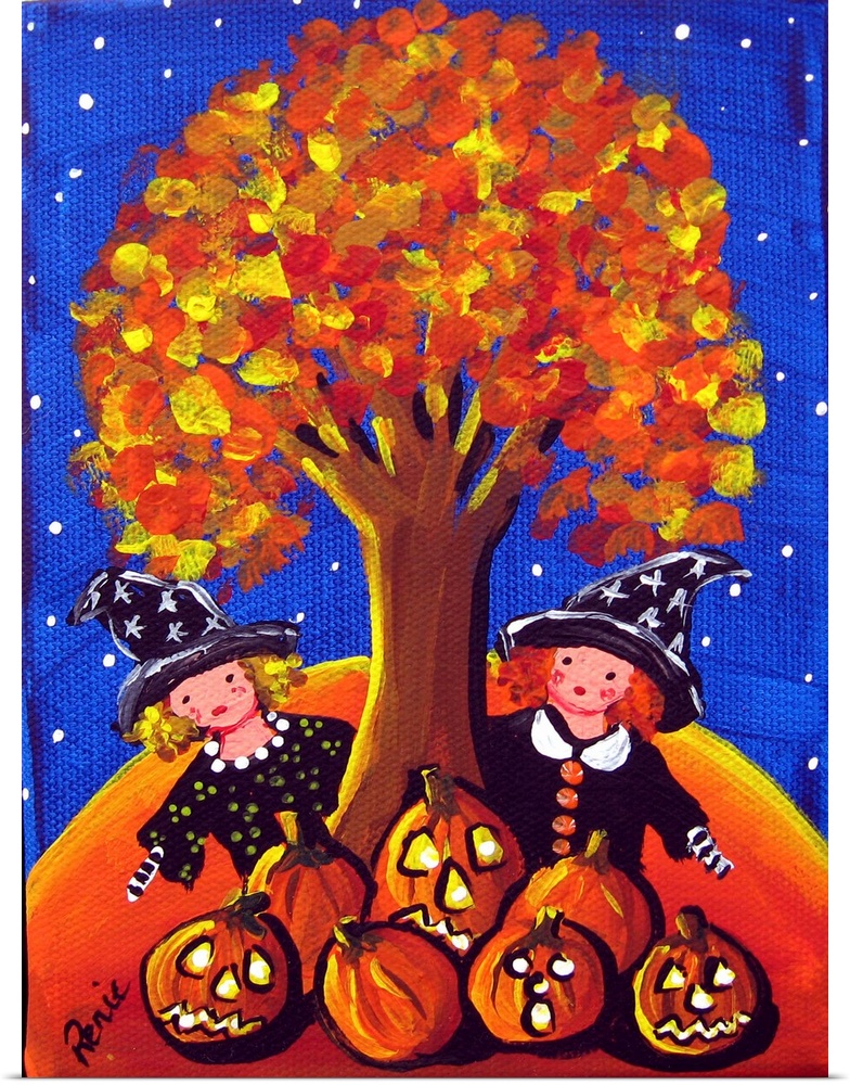 Two little witches are peeking out from behind a colorful fall tree. A grouping of Jack-O-Lanterns sits in front of them.