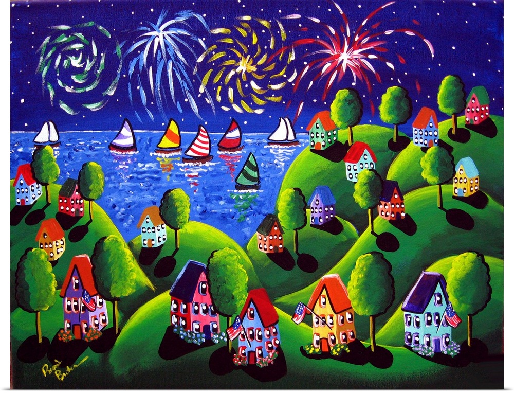 Whimsical 4th of July scene with colorful fireworks.