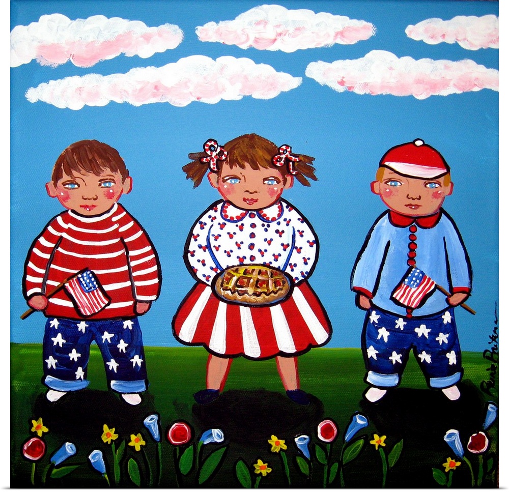 Three children dressed in Patriotic Red, white and blue. Two are holding flags and the little girl is holding an apple pie.