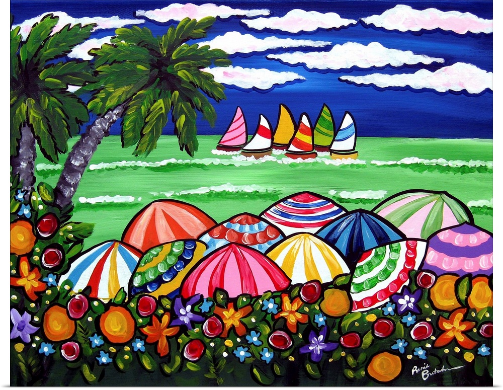 Wildflowers, palm trees, colorful beach umbrellas, and sailboats in the ocean on a beautiful day with vibrant colors.