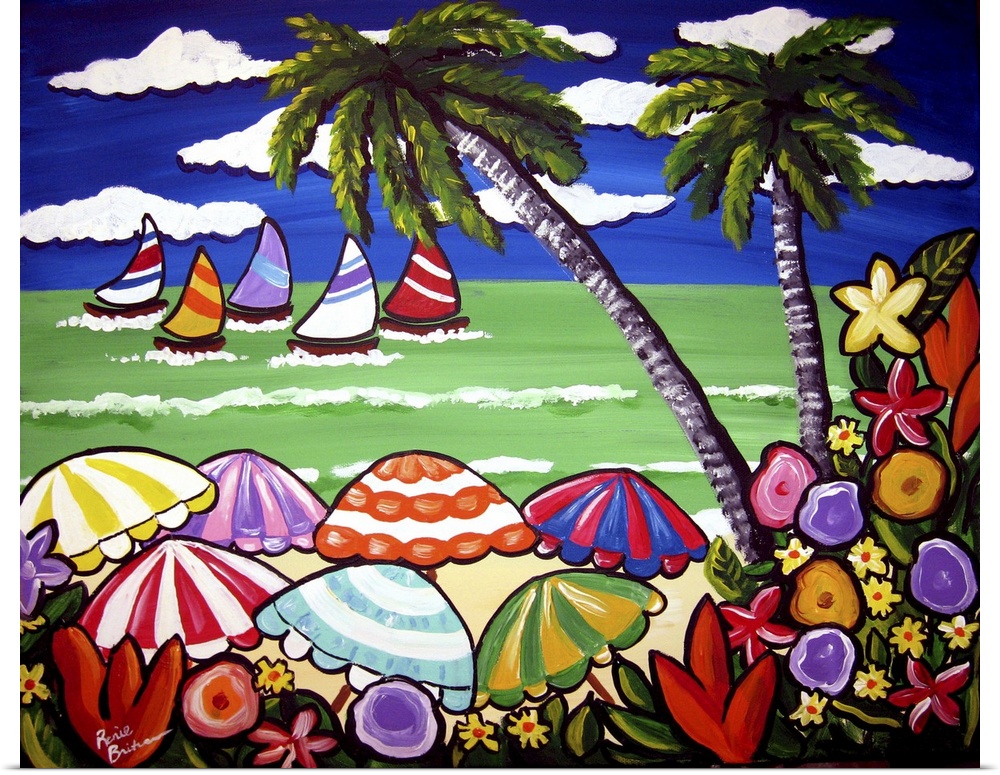Tropical beach scene with tons of color. Tropical flowers and palm trees frame sailboats which are drifting by in the dist...