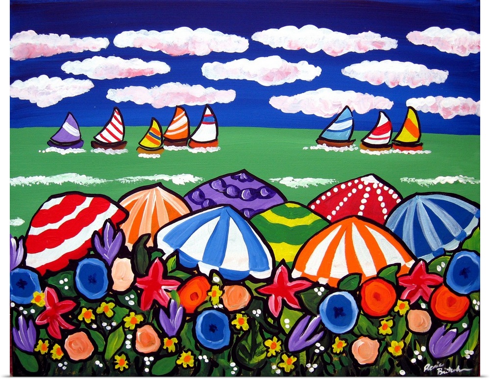 Colorful Beach scene with umbrellas and sailboats.