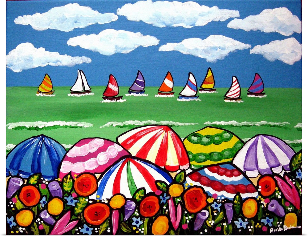 Wildflowers, colorful beach umbrellas, and sailboats in the ocean on a beautiful day with vibrant colors.