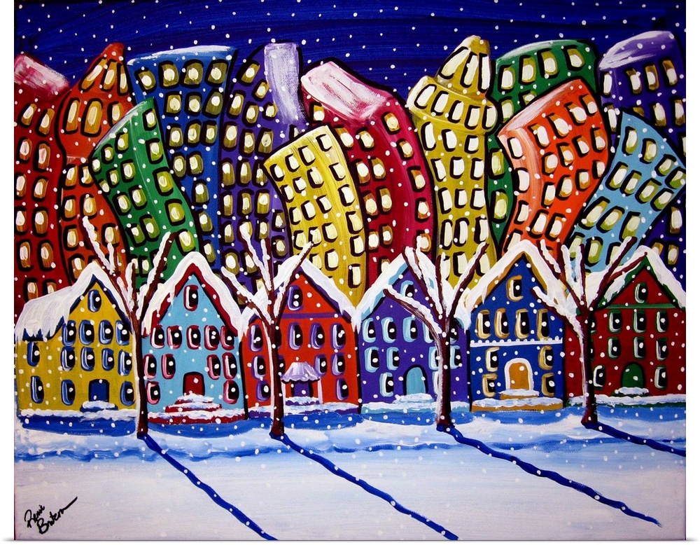 Fun, funky colorful scene of a city neighborhood with the snow falling.
