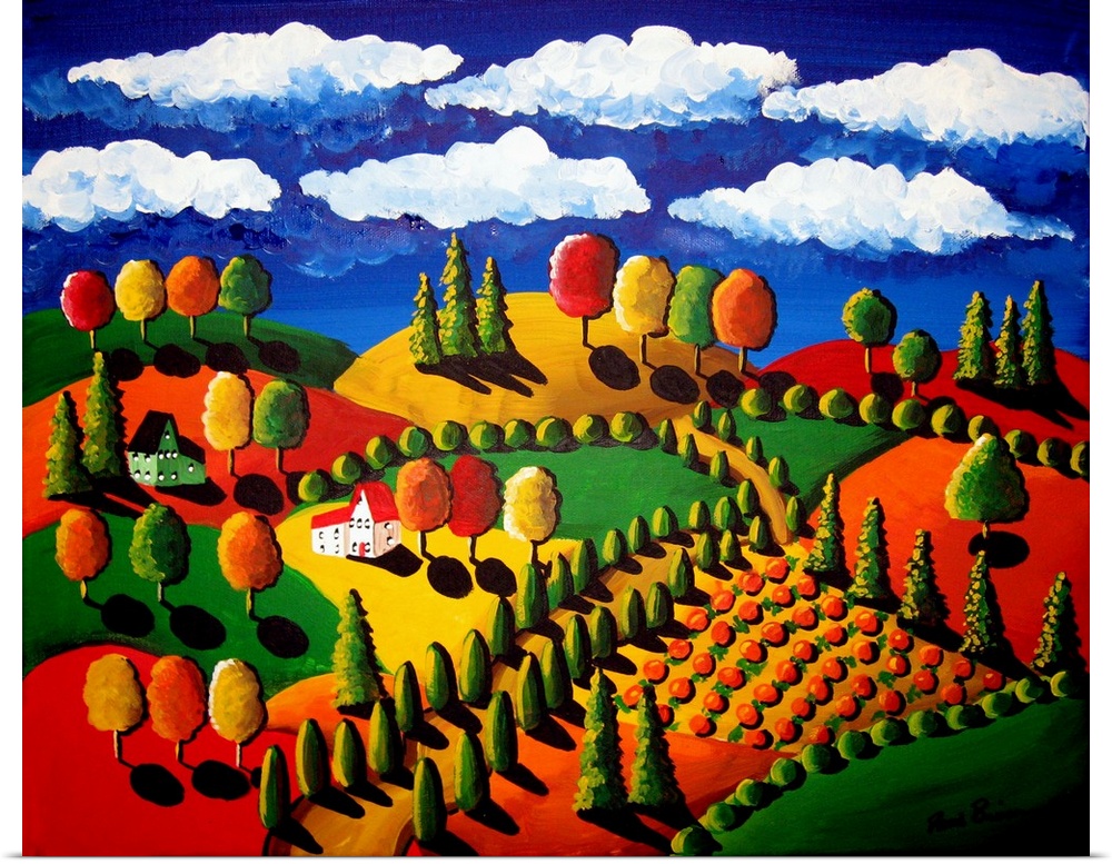 Fun, whimsical, folk art piece depicting houses, trees, farmland, rolling hills with lots of color.