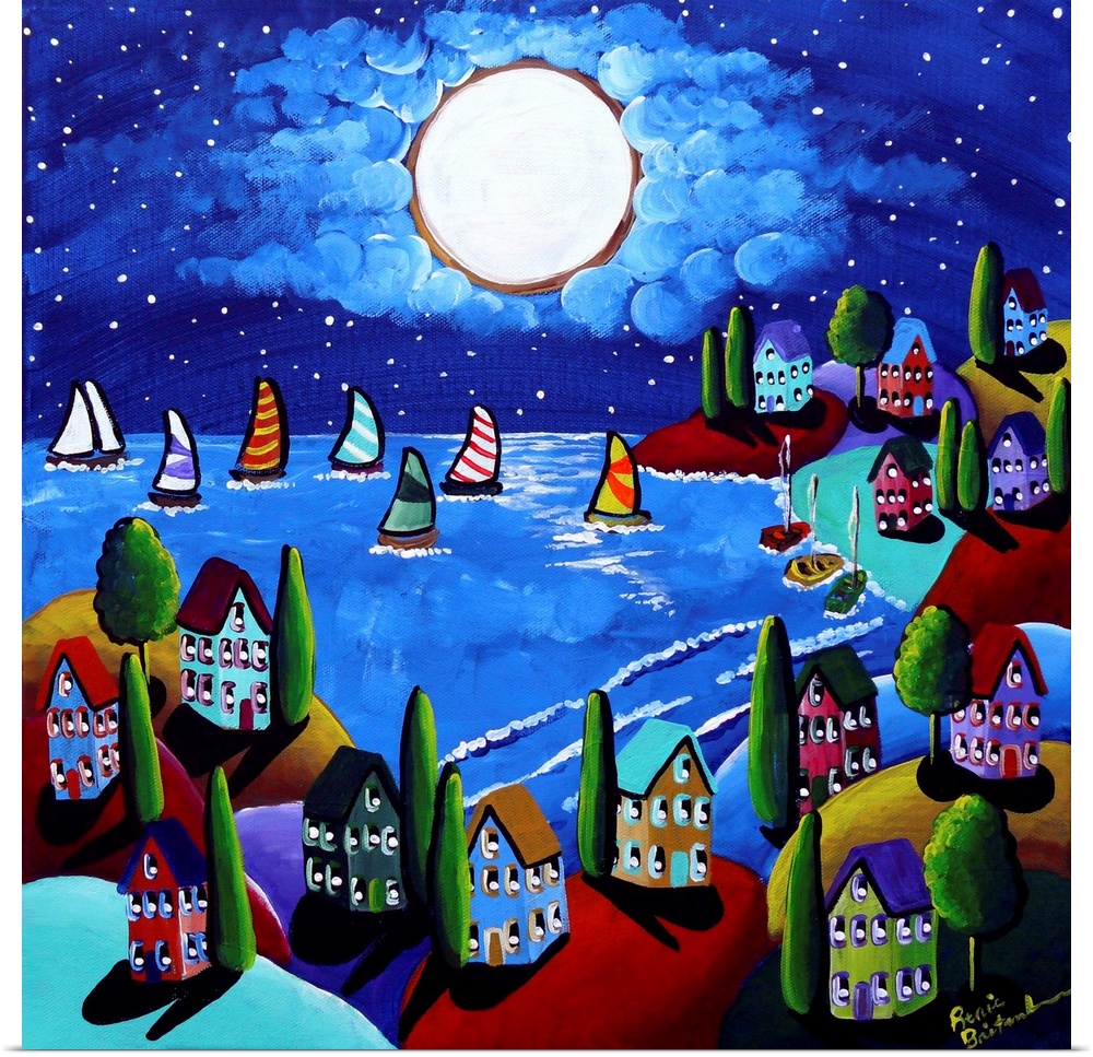 Full moon is reflecting below, where colorful sailboats and whimsical houses are.