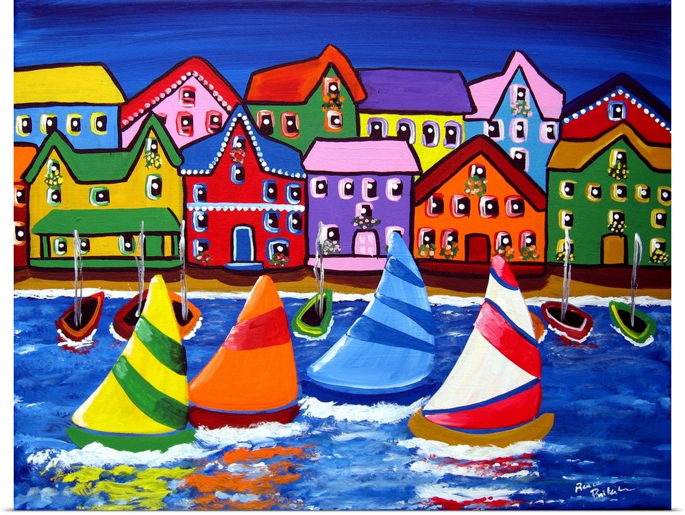Sailboats drift by a colorful shore.