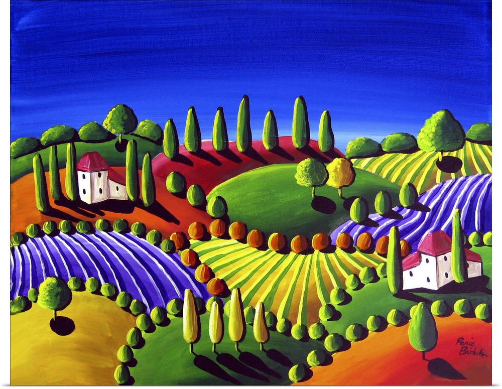 Colorful, whimsical Tuscan scene under a deep blue sky.
