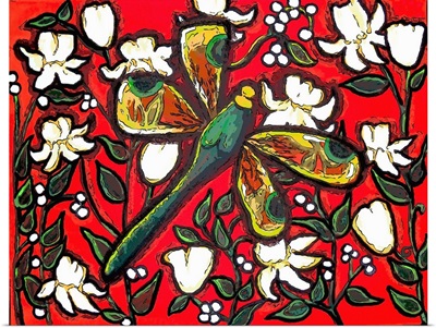 Dragonfly On Red With White Flowers