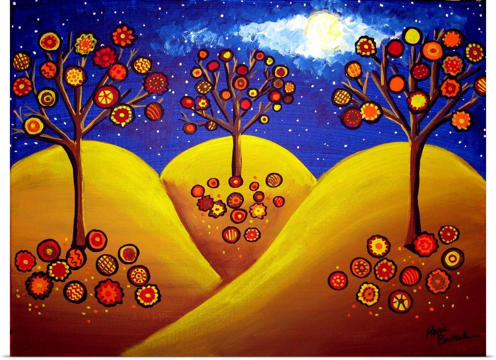 Whimsical funky trees on a fall landscape, under the night sky and full moon.