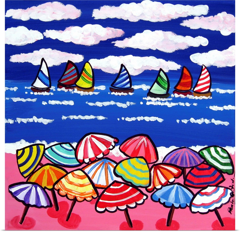 Colorful umbrellas and sailboats in a whimsical beach scene.