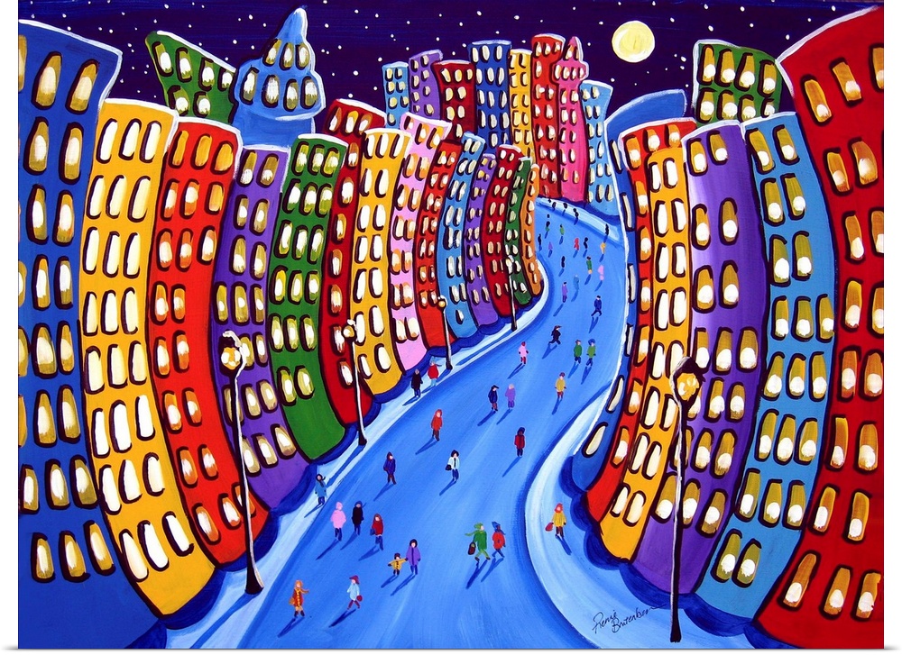 Fun and funky, colorful cityscape with shoppers bustling about, up and down the street. All under a full moon and stars.