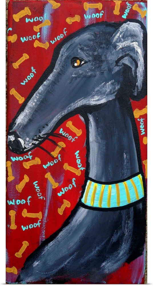 Whimsical Greyhound painting on a narrow panel.