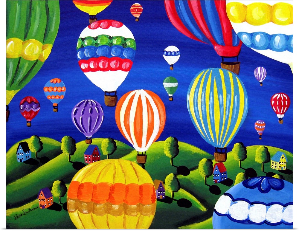 Colorful hot air balloons float above the earth below.