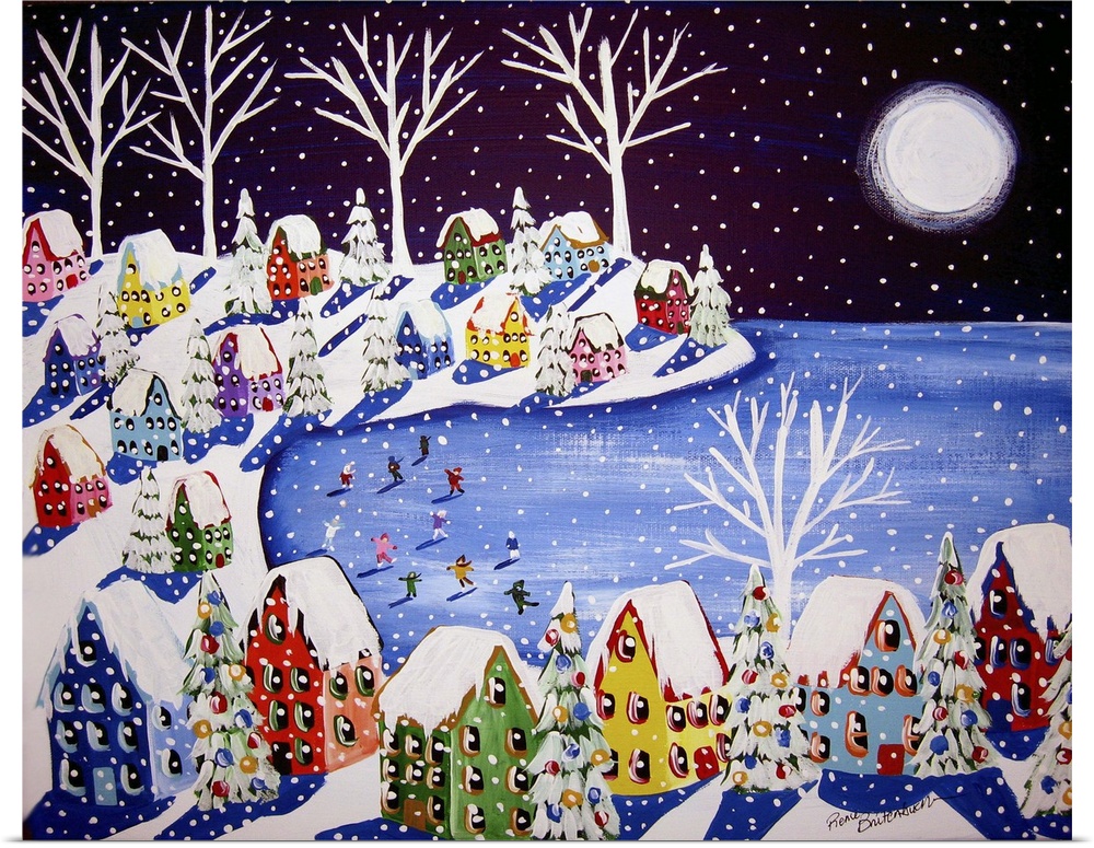 Nice folk art piece with ice skaters, snow, whimsical houses, under a full moon.