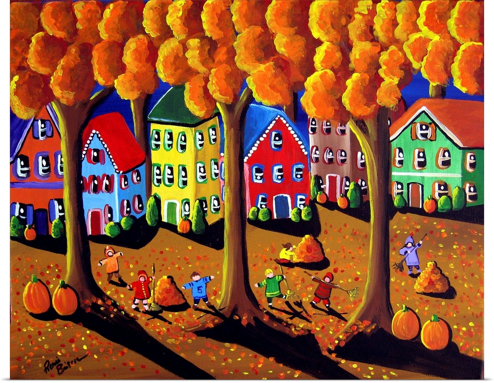 Fun folk art piece with the neighborhood children who've gathered to rake leaves. They plan on running and jumping in them...