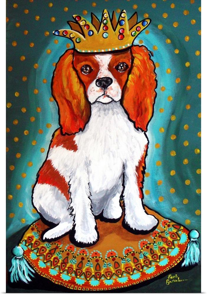Painting of a King Charles Spaniel wearing a crown.