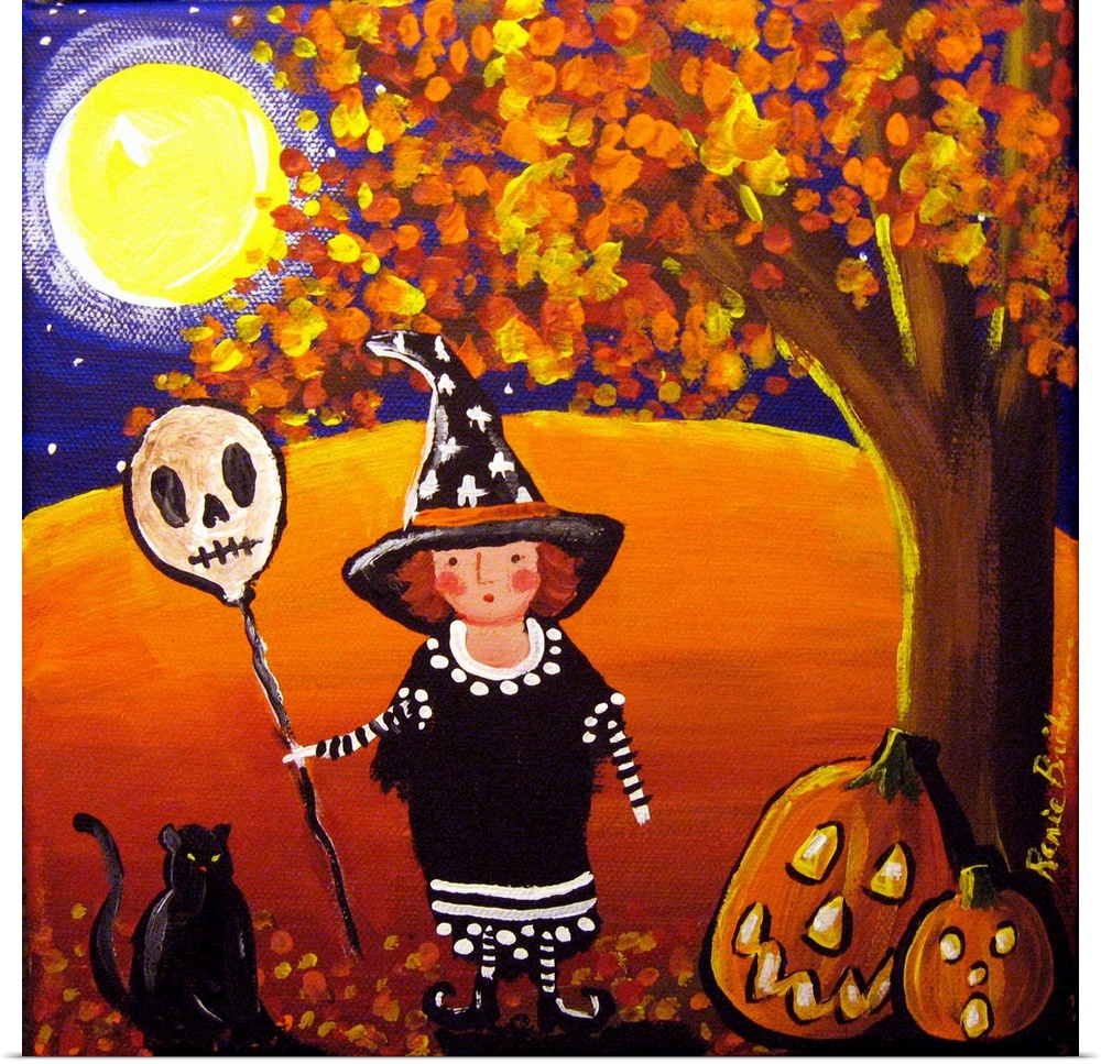 Painting of a little girl dressed as a witch on Halloween with a black cat and two jack-o-lanterns by her side.