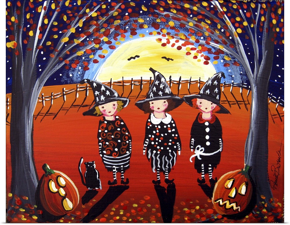 3 Little Witches are on the way home from Witch school, having learned a few spells. Fun folk art piece.