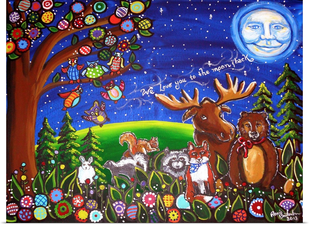 Whimsical forest animals, a moose, fox, squirrel, raccoon, bunny, bear and owls with the saying, We love you to the moon a...