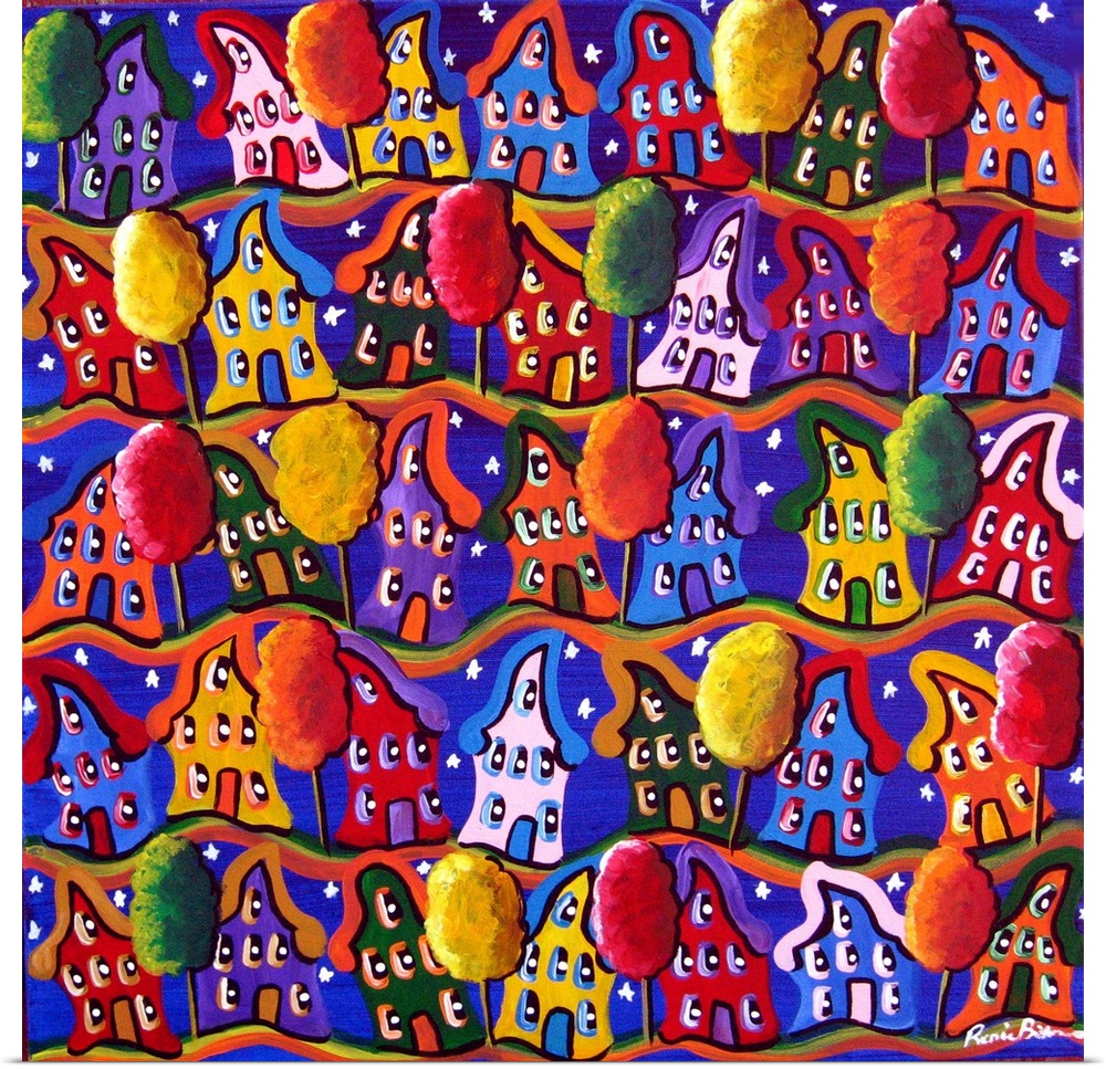 Fun and funky, colorful houses lean to and fro as if in conversations with one another. Lots of whimsy and color!