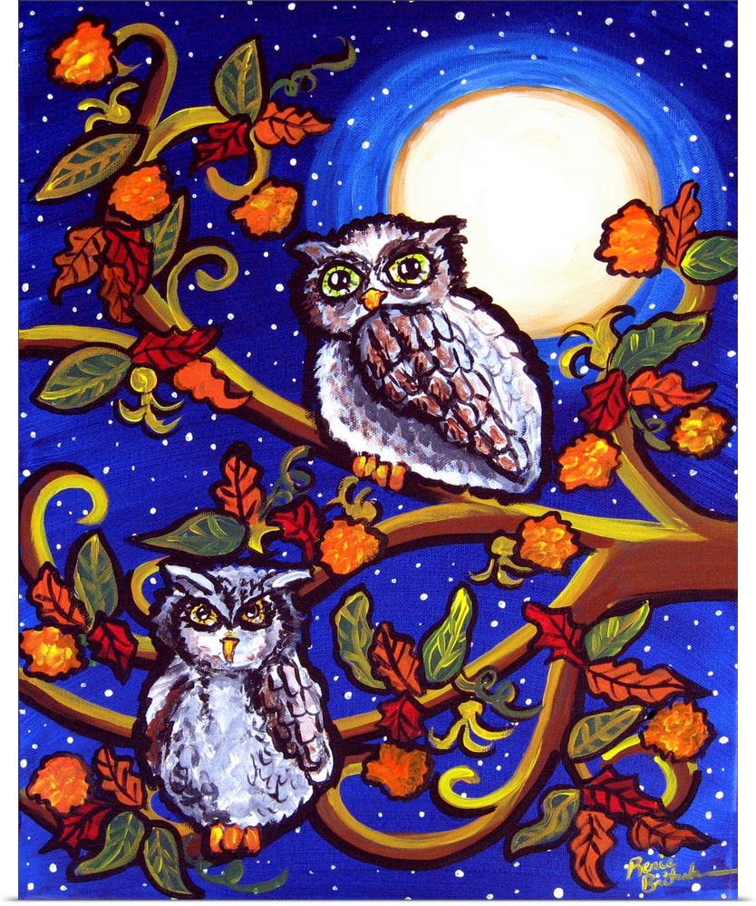 Two owls sit among some fall leaves, in the moonlight.