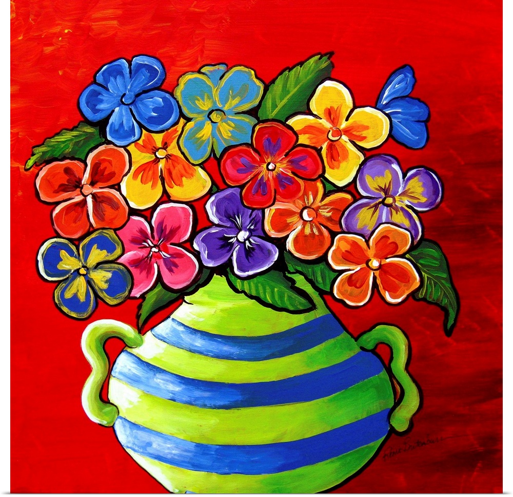 Colorful blue and green striped vase filled with pansies of various colors.