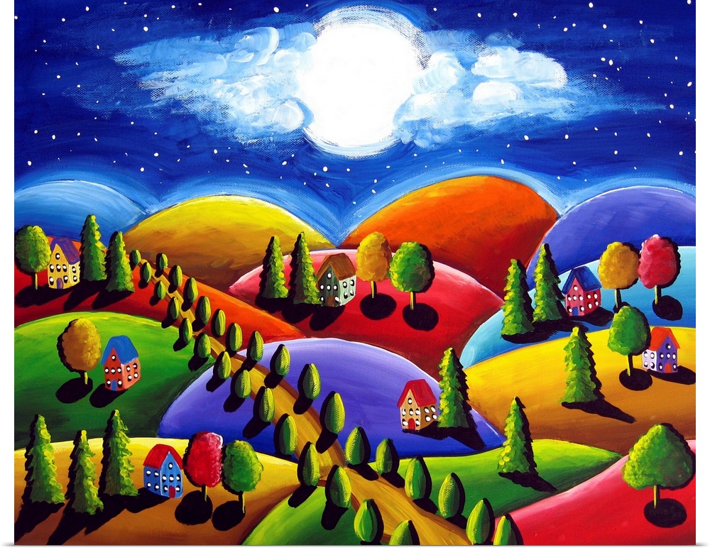 Whimsical depiction of small colorful houses in a tuscan landscape under the moon and clouds that resemble Angel wings