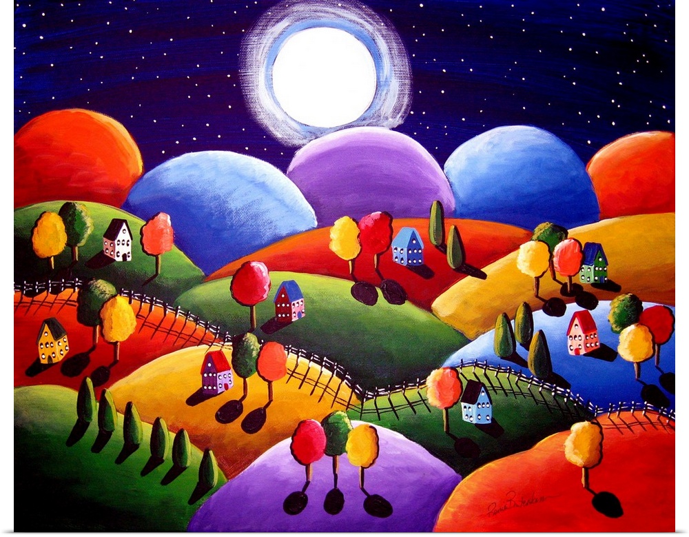 Whimsical painting of cozy little houses and trees on rolling hills under a full moon sky.