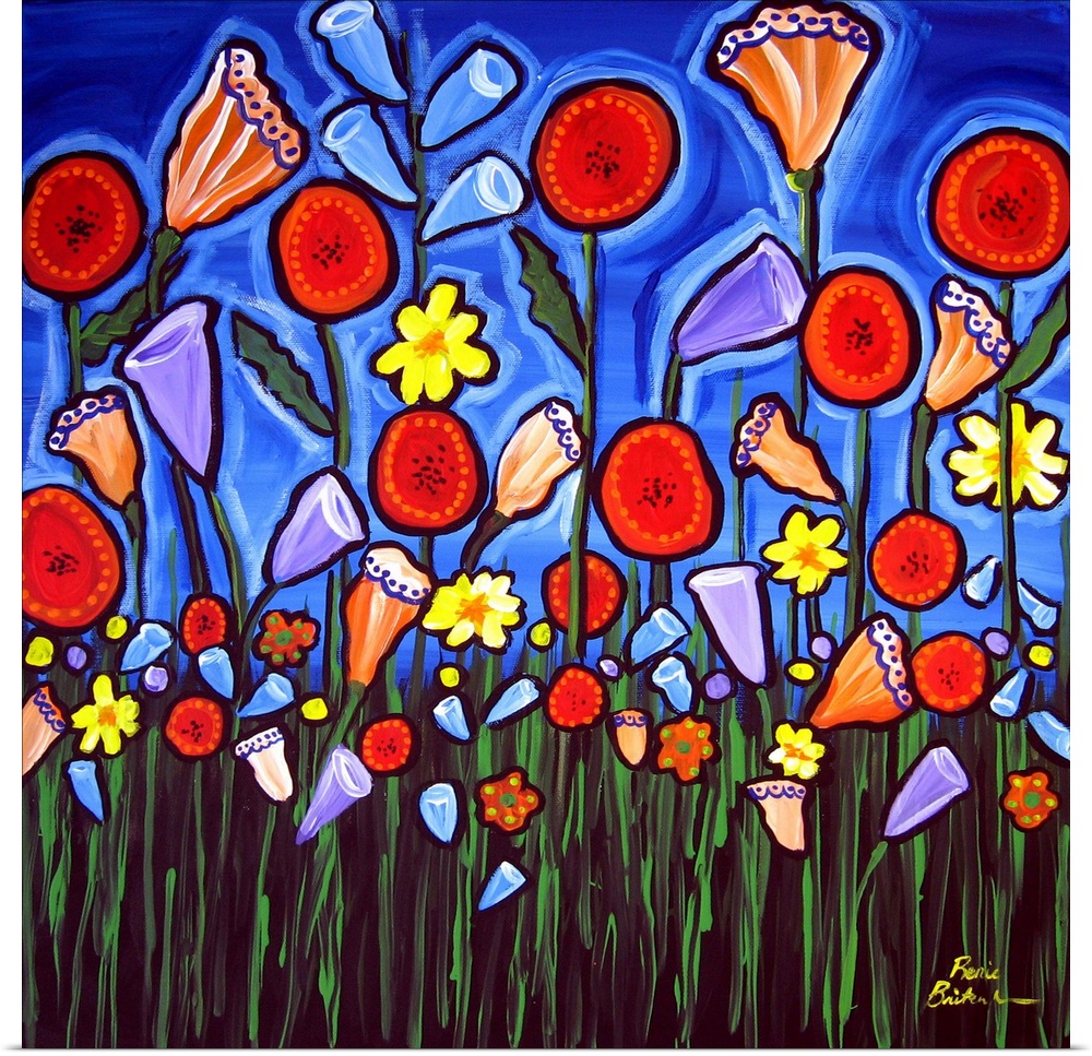 Whimsical, colorful field of flowers.