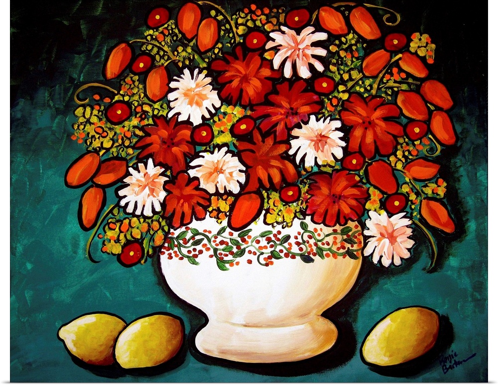 Still life painting with potted Autumn colored flowers on a teal background with lemons on the side.