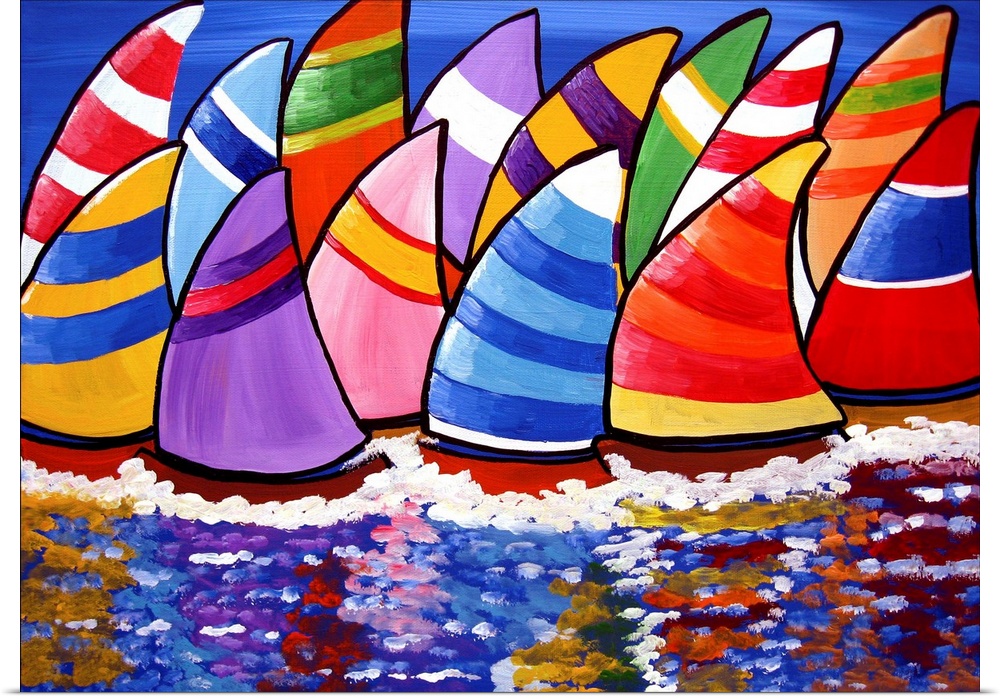 Colorful sailboats enjoying the day, reflect into the water under a blue sky.