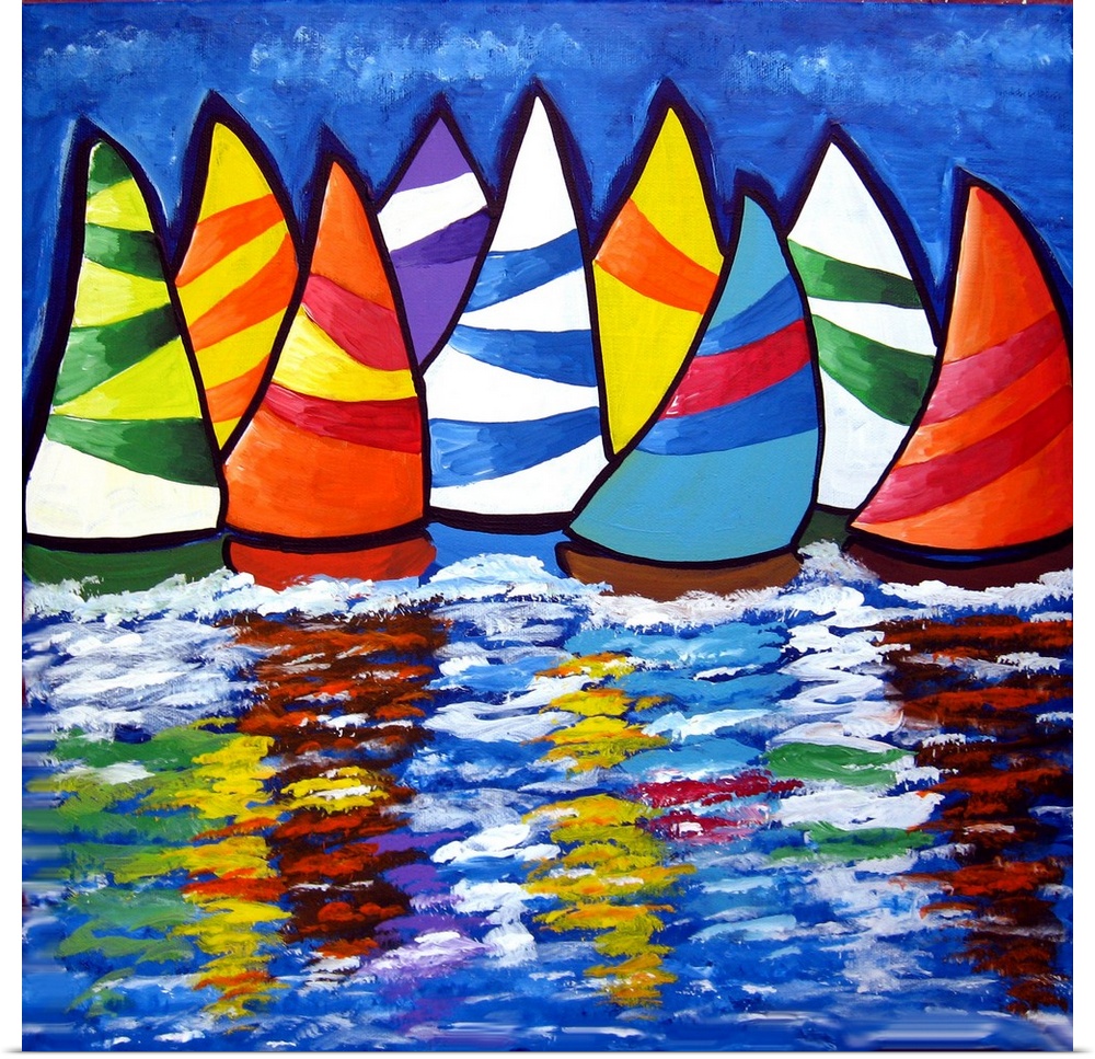 Colorful, whimsical sailboats reflect in the water.