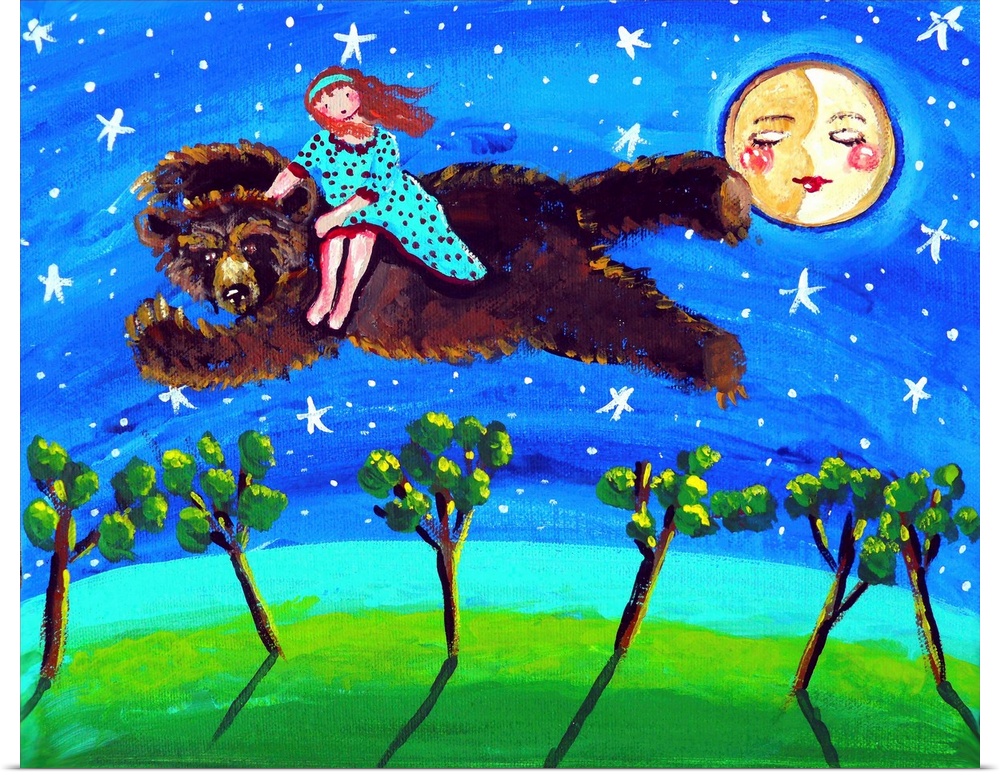 A magical scene with a girl riding a bear through the night sky.