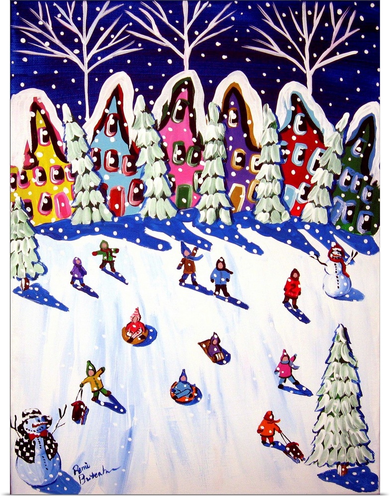 Winter folk art scene with kids enjoying the snow, sledding down the hill.