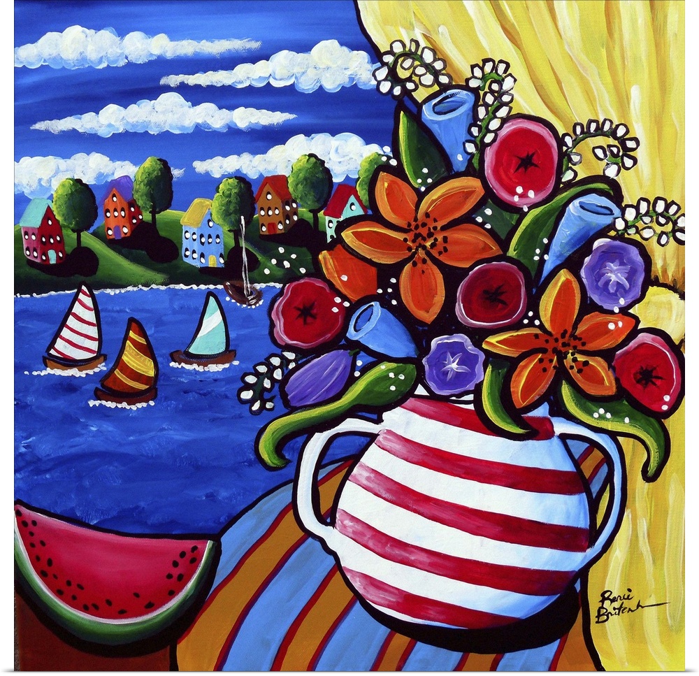 Still life painting of a striped vase with beautiful flowers sitting on a window ledge next to a watermelon, with sailboat...