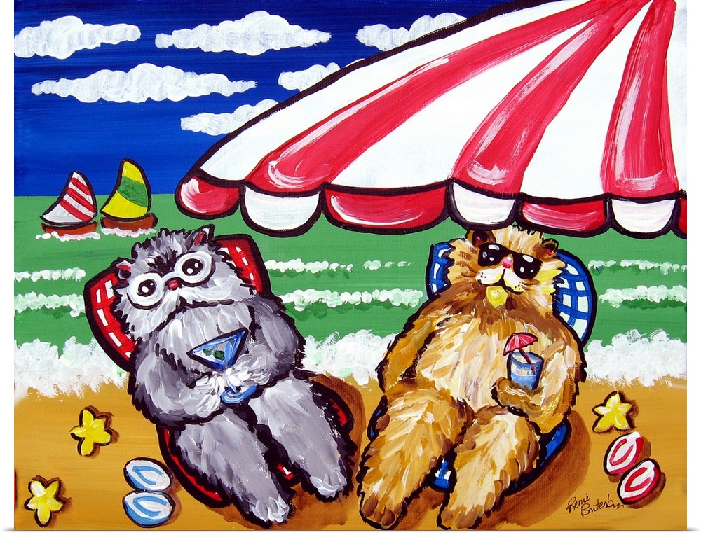 Two cats are catching some rays and sipping some tropical drinks. Fun beach scene.