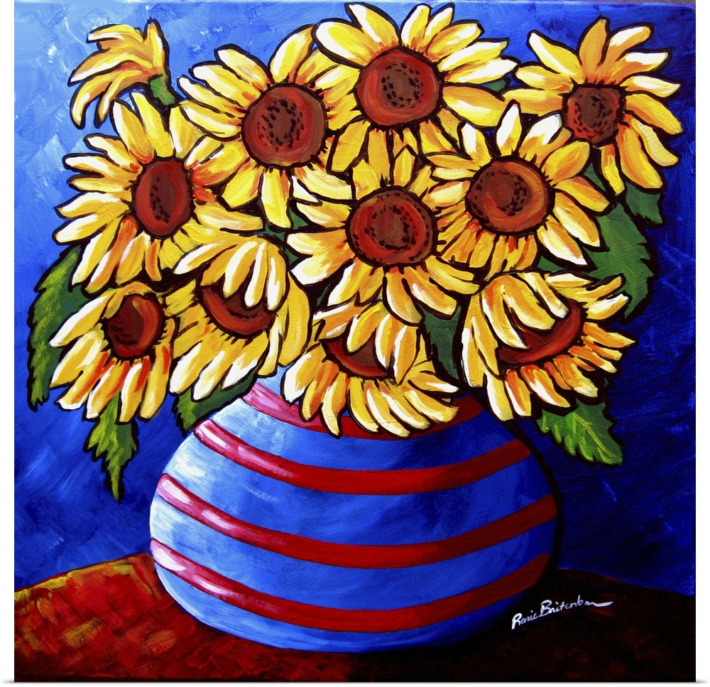 Colorful, whimsical sunflowers in striped vase.