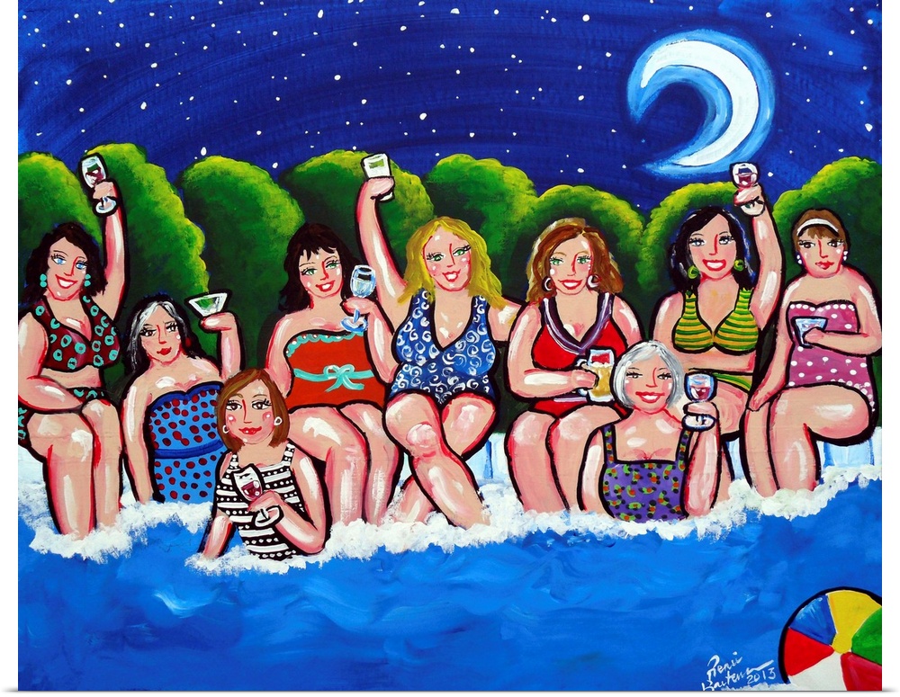 Fun folk art with a group of Divas enjoying their cocktails around the pool, under the moon and stars.