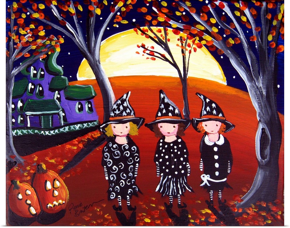 Three little witches are on their way home from witch school, having learned all sorts of magic. A couple jack-o-lanterns ...