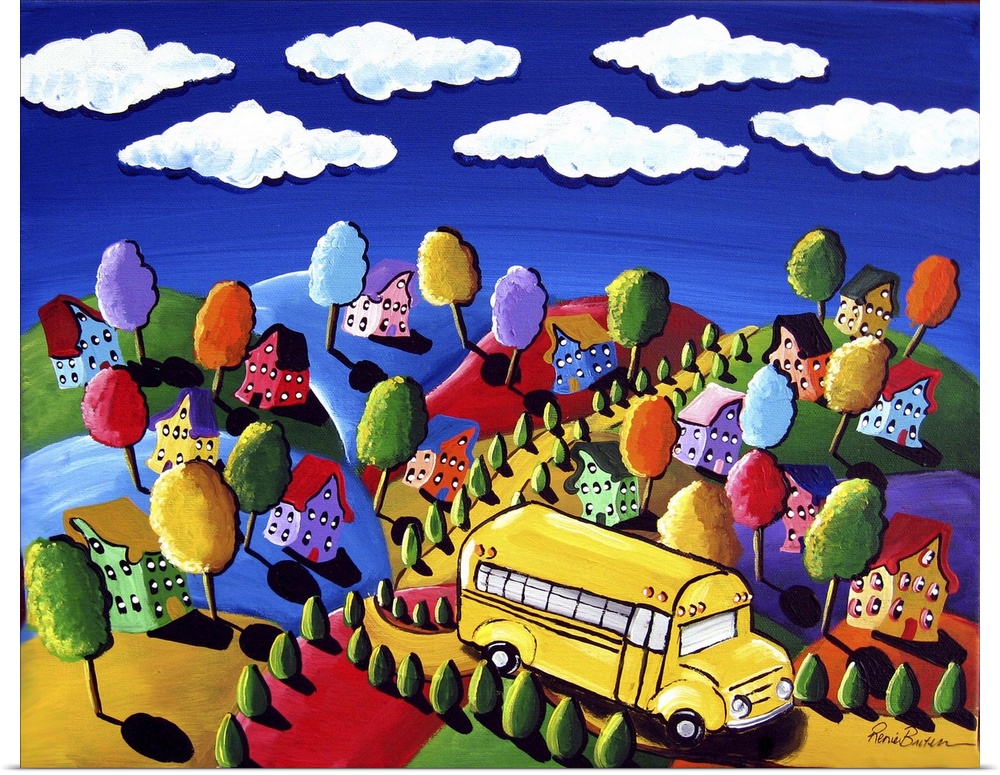 The school bus makes it way through  the colorful landscape, picking up the children.