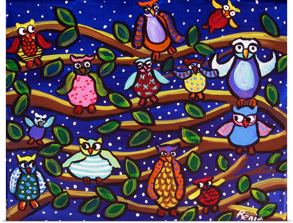 Fun, funky, whimsical owls have gathered for a party on the brances!