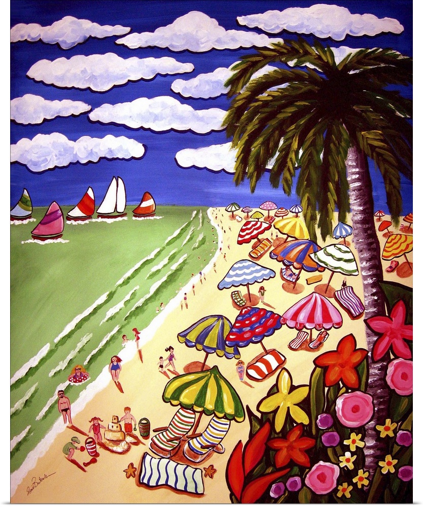 Colorful, whimsical beach scene with beach umbrellas, tropical flowers and sailboats.