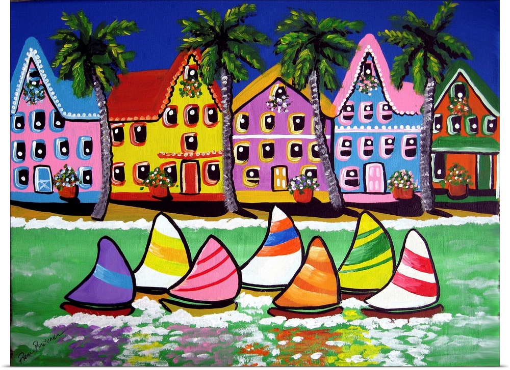 Colorful, tropical beach scene with sailboats.