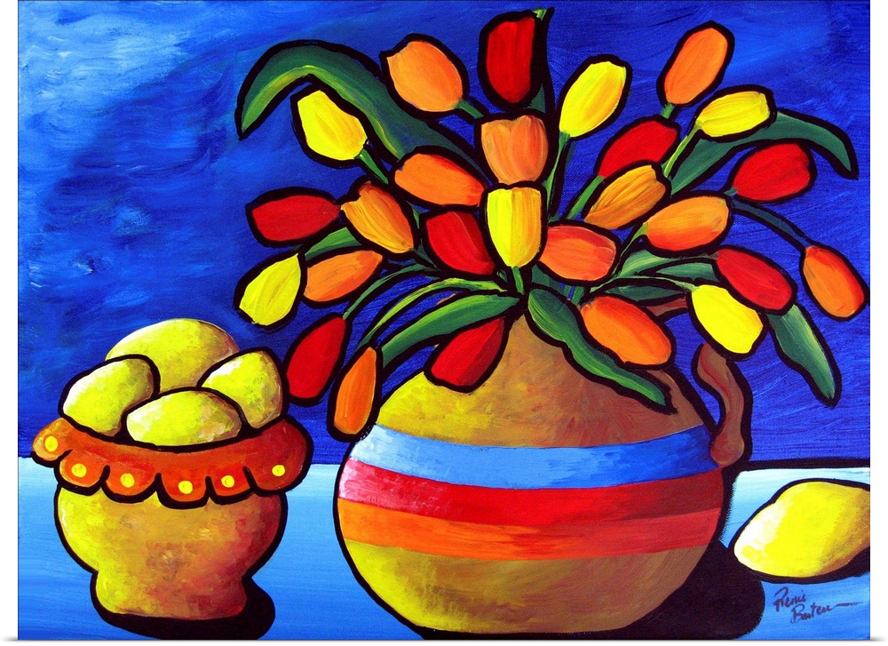 Brightly colored tulips in a vase sit beside a bowl of lemons, against deep blue background