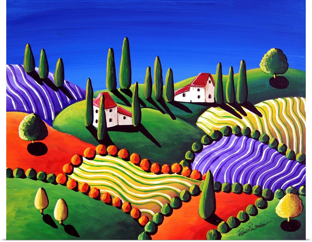 Colorful Tuscan scene of houses amid tall poplar trees on rolling hills