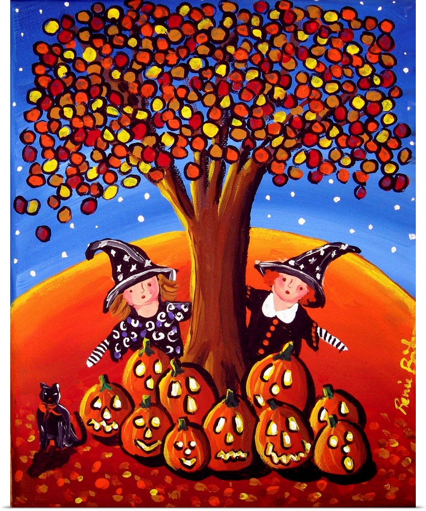 Seasonal painting with two little girls dressed up as witches for Halloween hiding by an Autumn tree with jack-o-lanterns ...