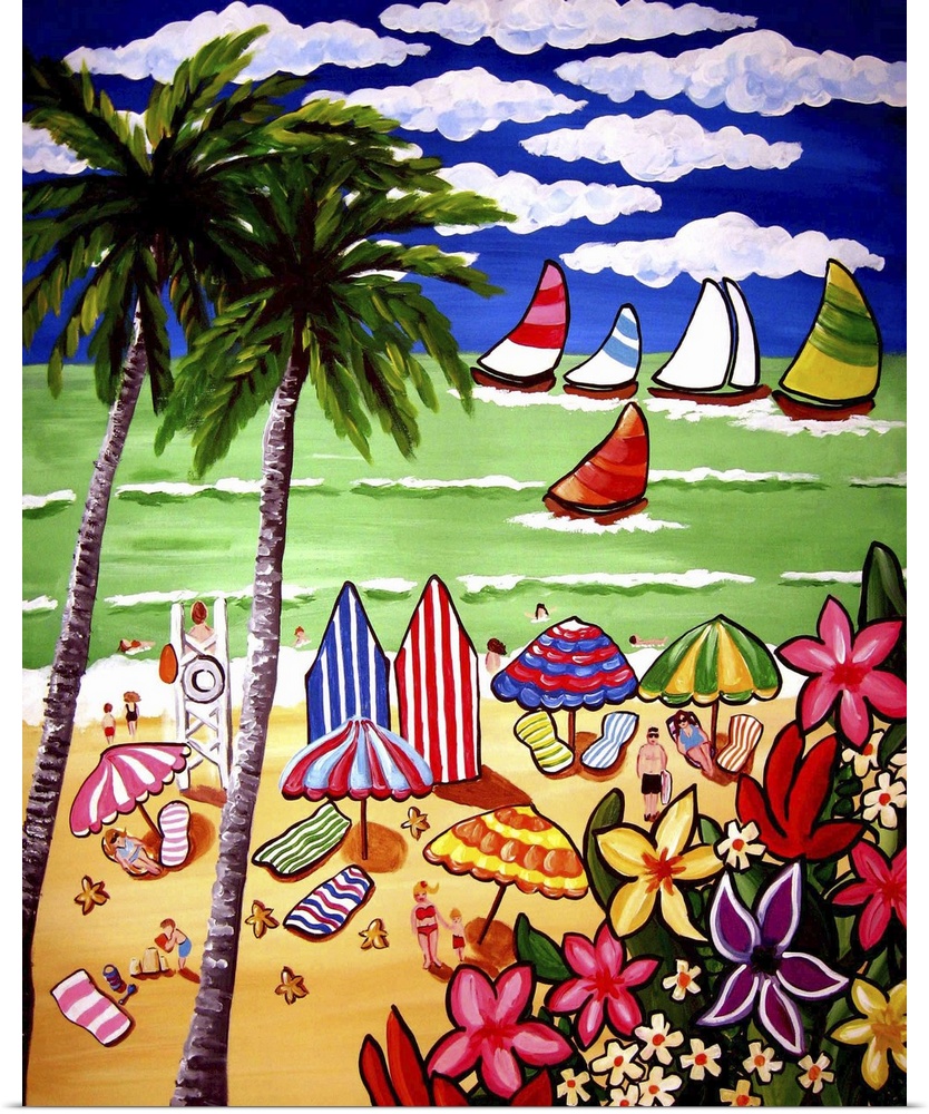 Lots of color, activity, and fun in a beach scene with sailboats drifting by.