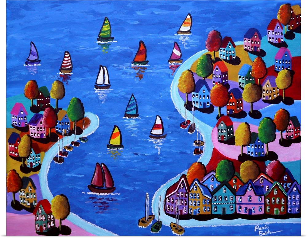 Colorful view of whimsical houses and sailboats.