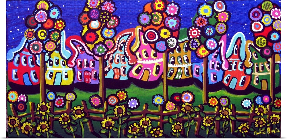 Colorful, whimsical houses, trees and blossoms under a starry sky.